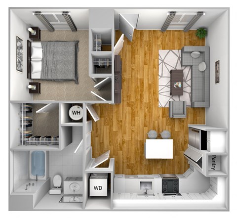 Floor plan for 1 bed, 1 bath, 647 sqft